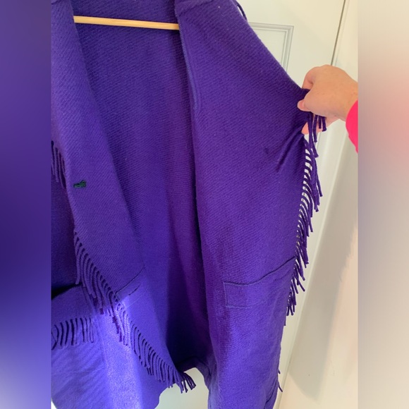Vintage 80s 90s Gallery 100% Wool Purple Oversized Fringe Blanket Coat M - Picture 9 of 14